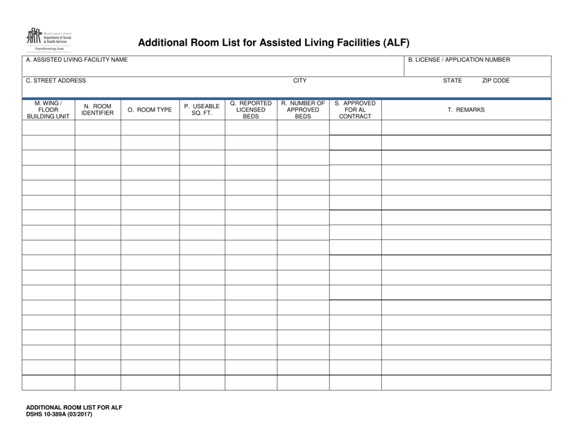 DSHS Form 10-389A Additional Room List for Assisted Living Facilities (Alf) - Washington
