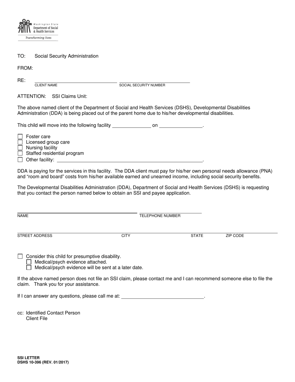 DSHS Form 10-396 Ssi Letter - Washington, Page 1
