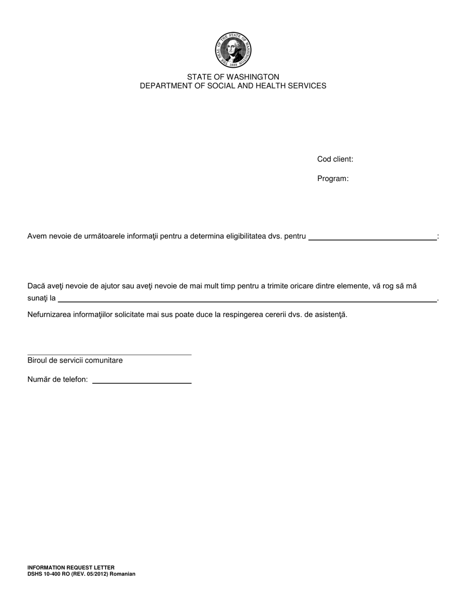 DSHS Form 10-400 Information Request Letter - Washington (Romanian), Page 1