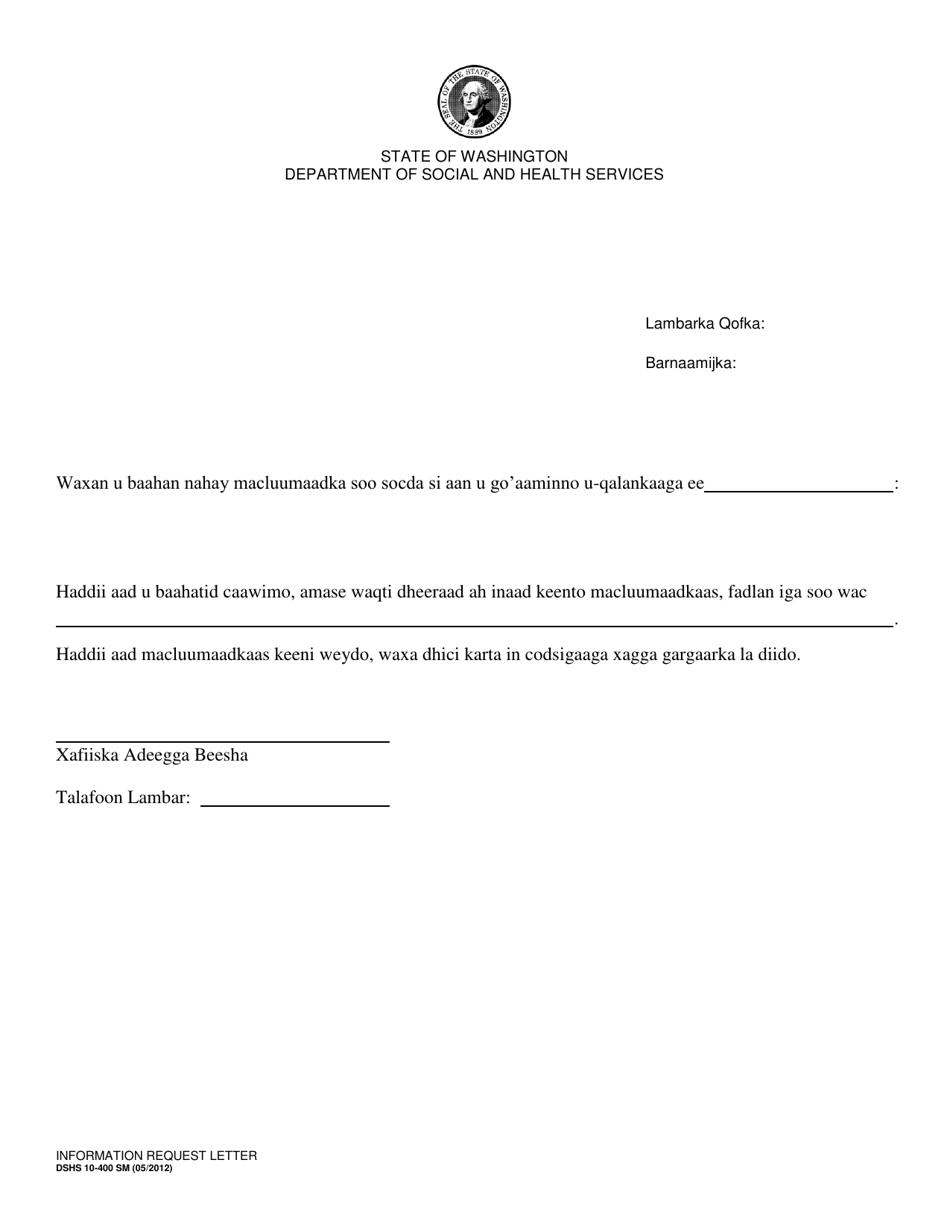 DSHS Form 10-400 Information Request Letter - Washington (Somali), Page 1