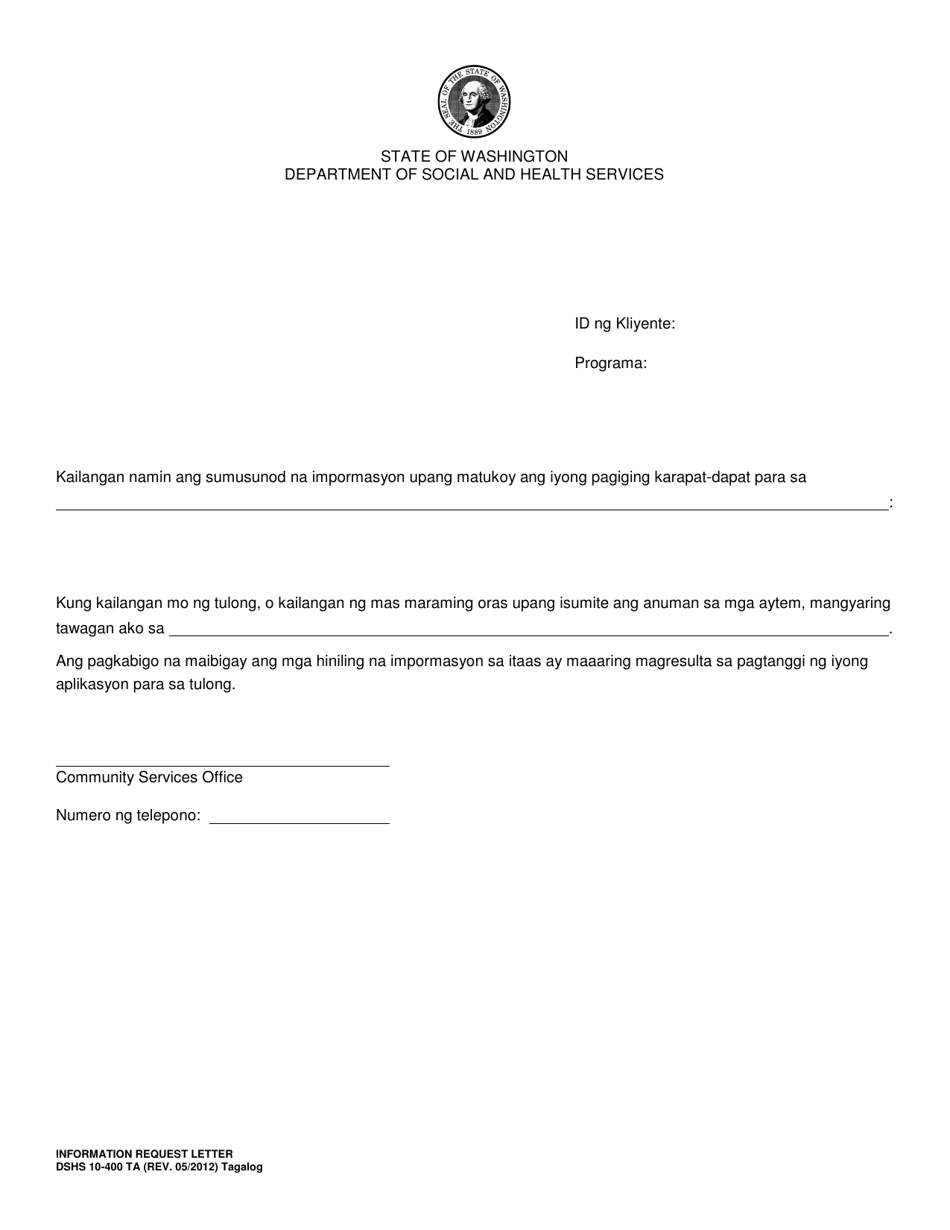 DSHS Form 10-400 Information Request Letter - Washington (Tagalog), Page 1