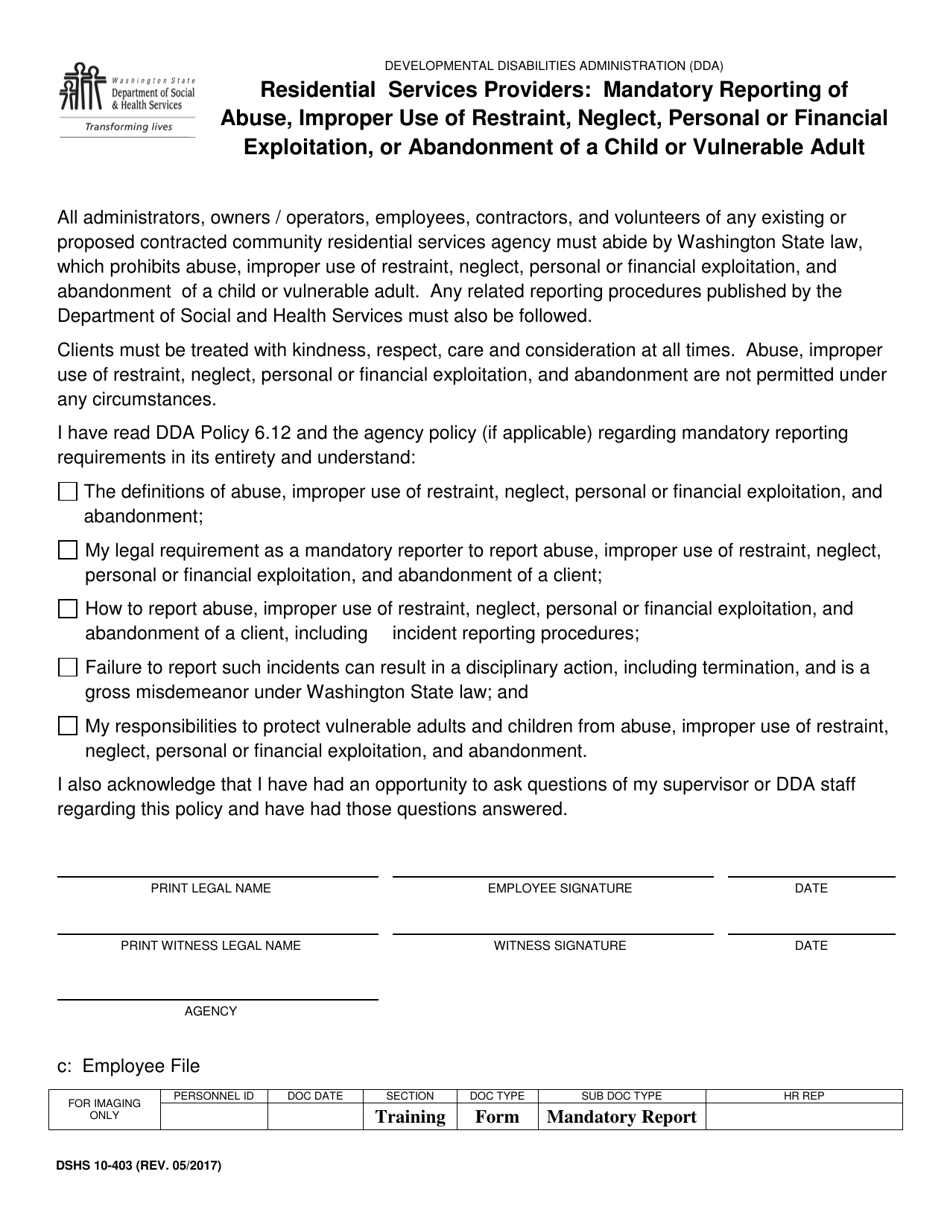 DSHS Form 10-403 Residential Services Providers - Mandatory Reporting of Abuse, Neglect, Personal and Financial Exploitation, or Abandonment of a Child or Vulnerable Adult - Washington, Page 1