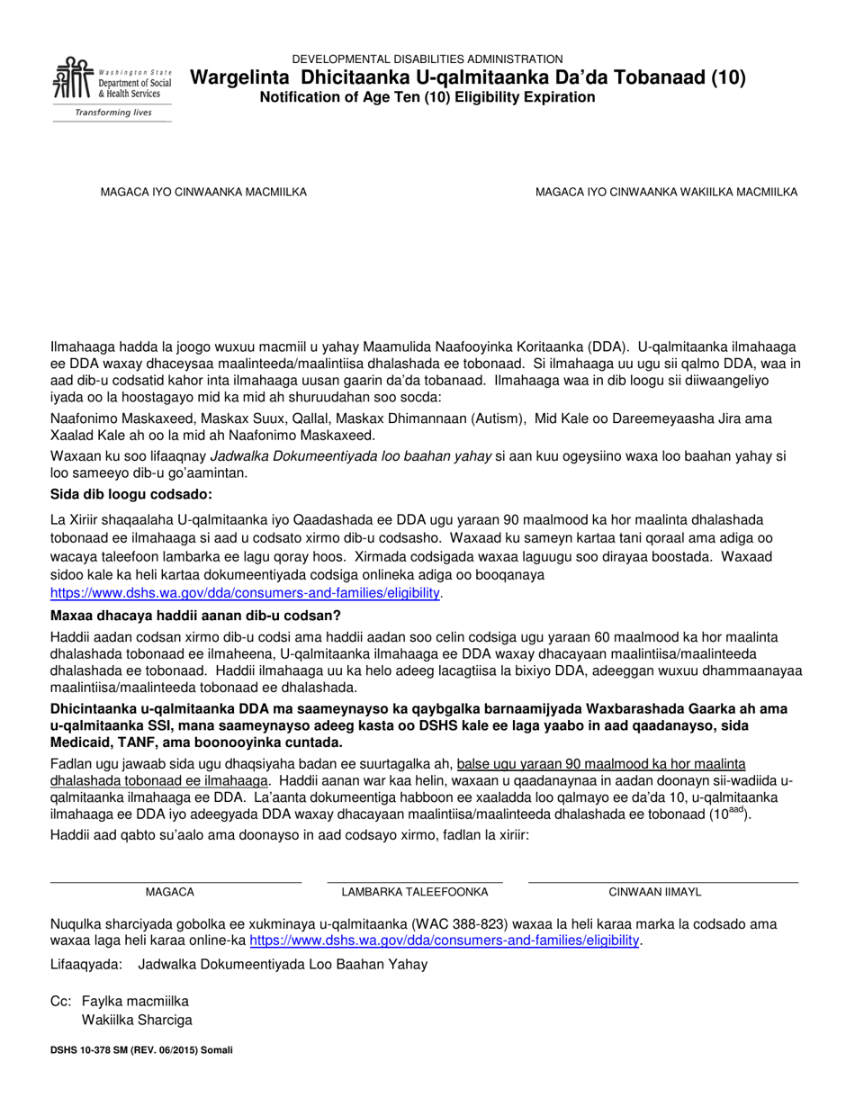 DSHS Form 10-378 Notification of Age Ten (10) Eligibility Expiration - Washington (Somali), Page 1