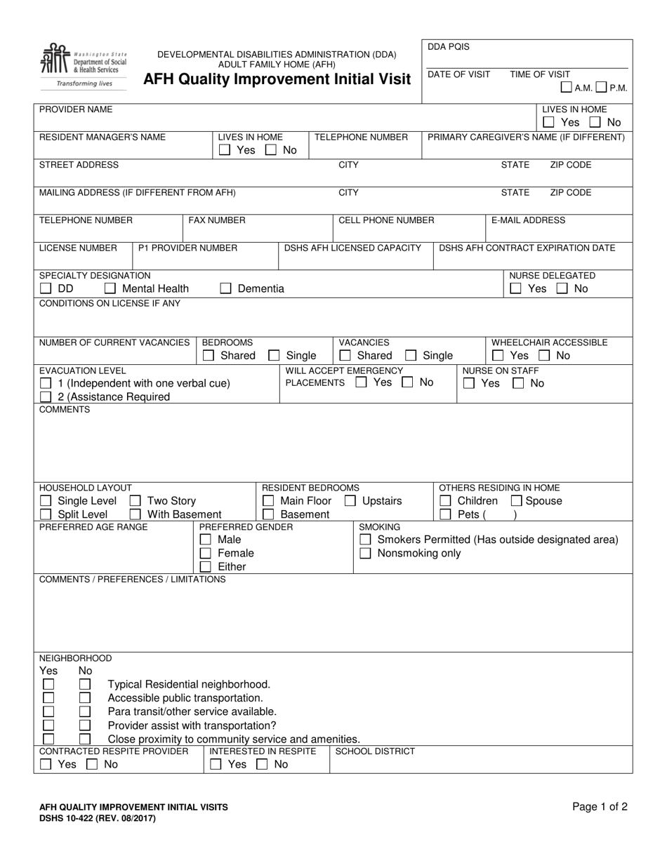 DSHS Form 10-422 Adult Family Home (Afh) Quality Improvement Initial Visit - Washington, Page 1