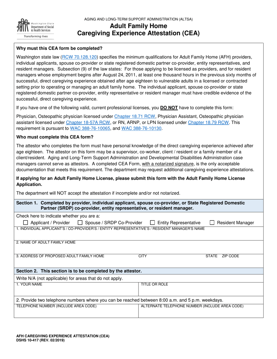 DSHS Form 10-417 Adult Family Home Caregiver Experience Attestation (Cea) - Washington, Page 1