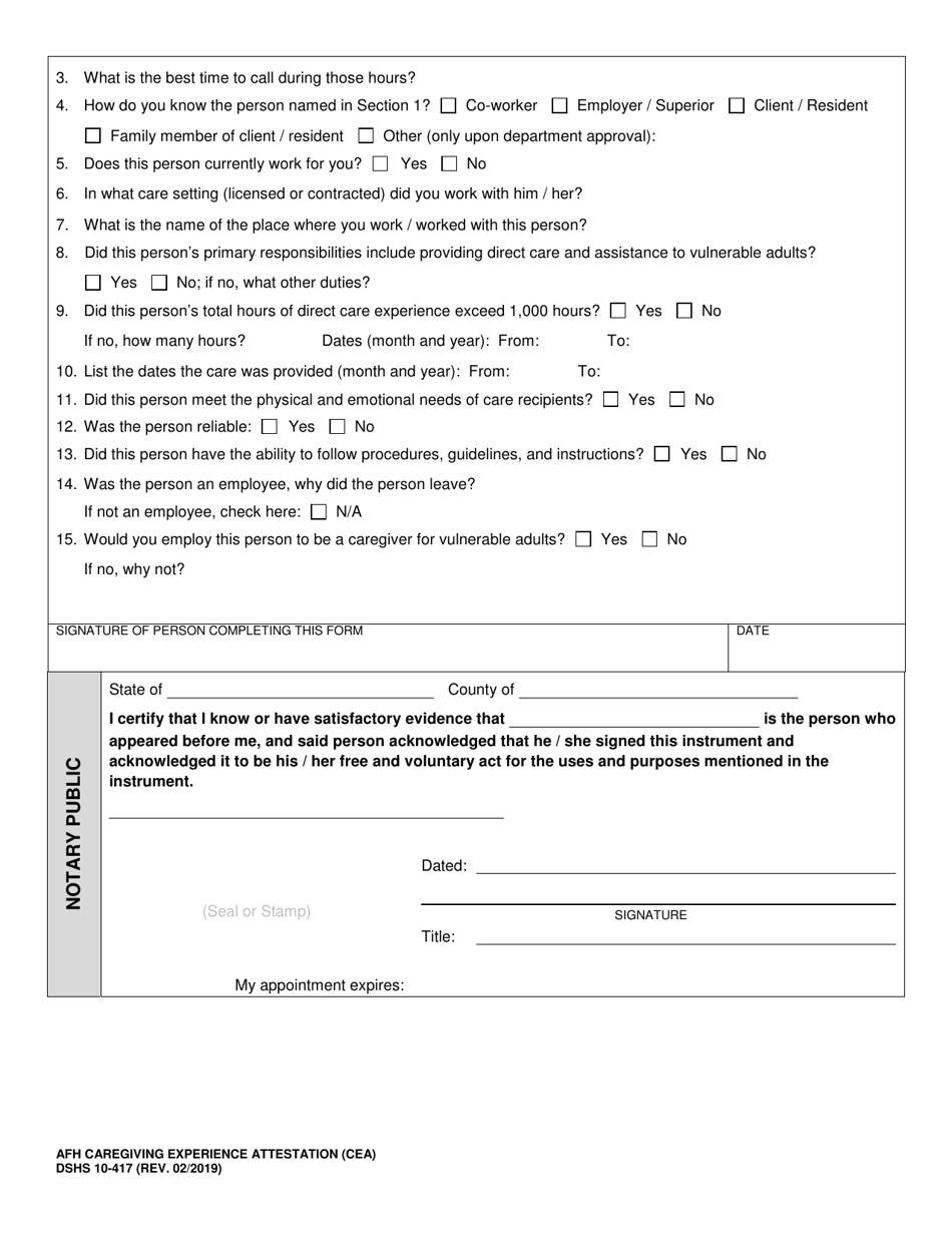 DSHS Form 10-417 Adult Family Home Caregiver Experience Attestation (Cea) - Washington, Page 2