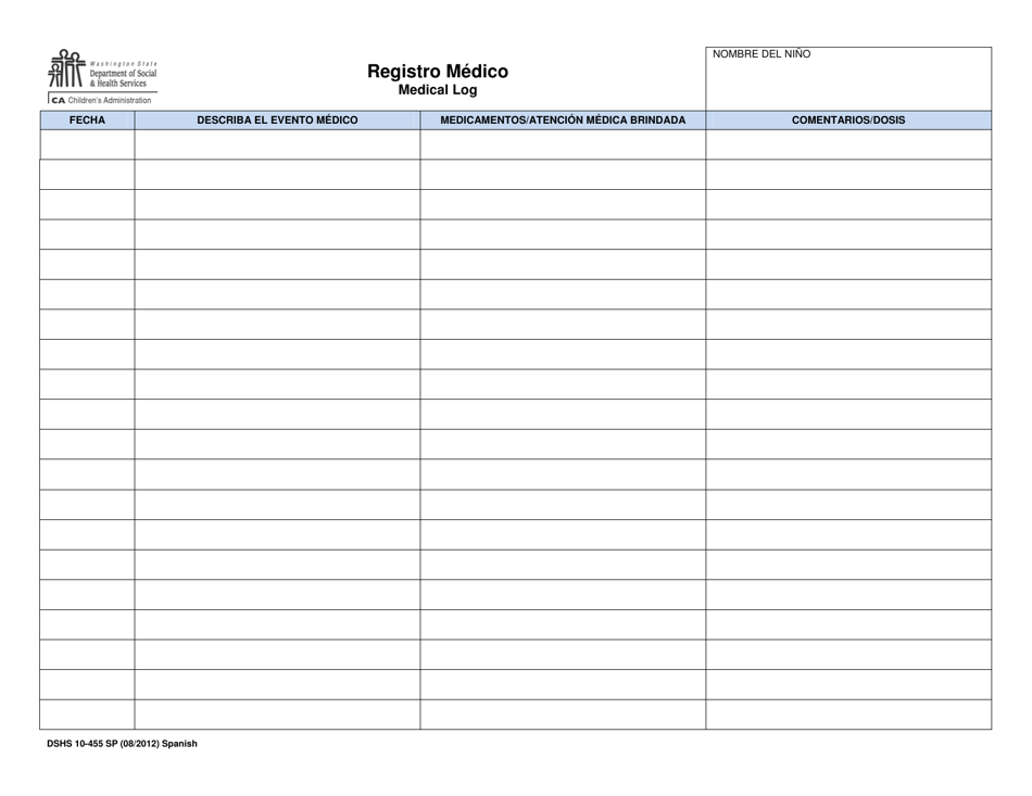 DSHS Formulario 10-455 Registro Medico - Washington (Spanish), Page 1