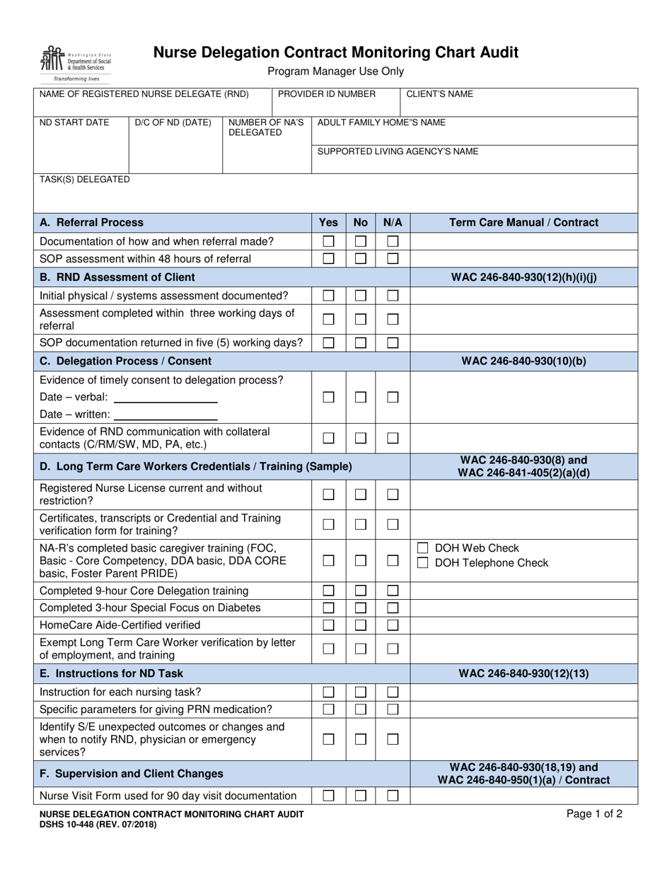 DSHS Form 10-448 Nurse Delegation Contract Monitoring Chart Audit - Washington, Page 1