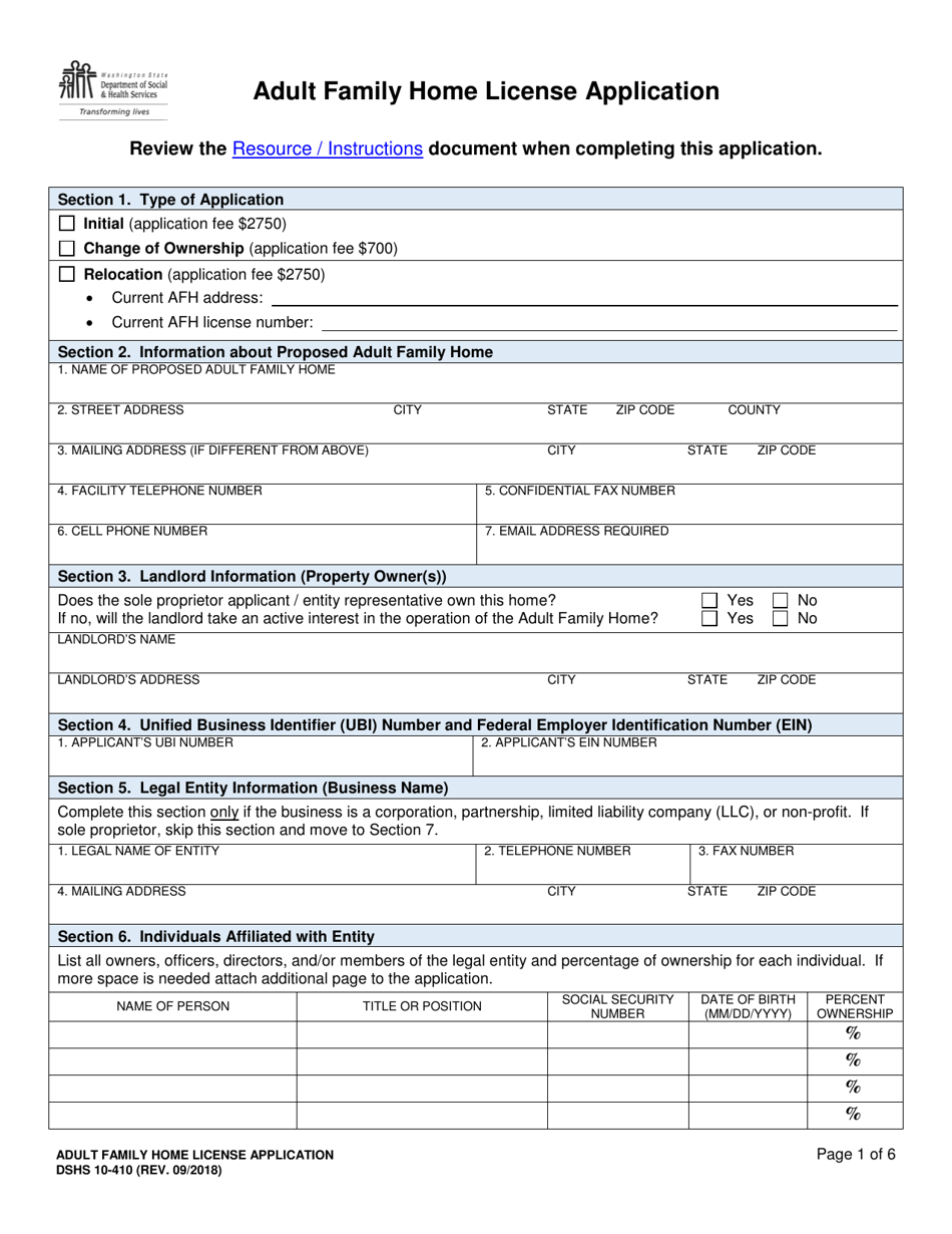 DSHS Form 10-410 Adult Family Home License Application - Washington, Page 1