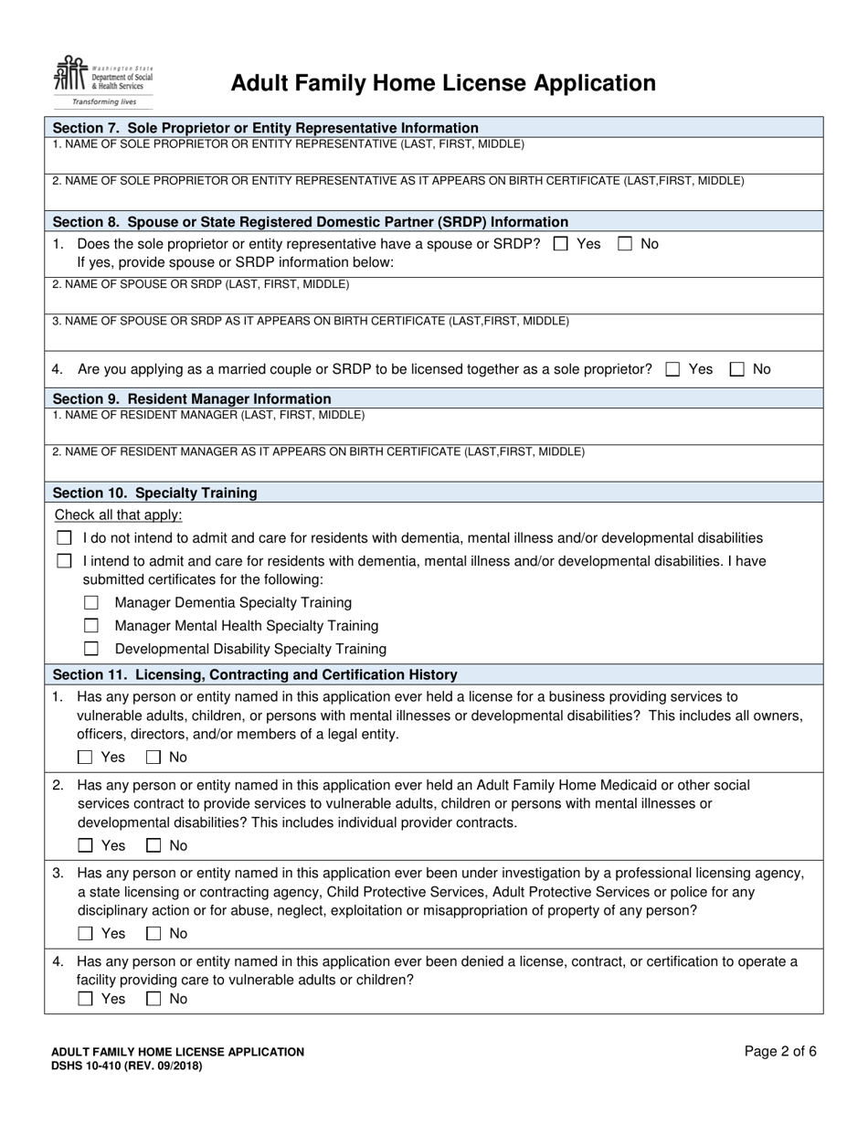 DSHS Form 10-410 Adult Family Home License Application - Washington, Page 2