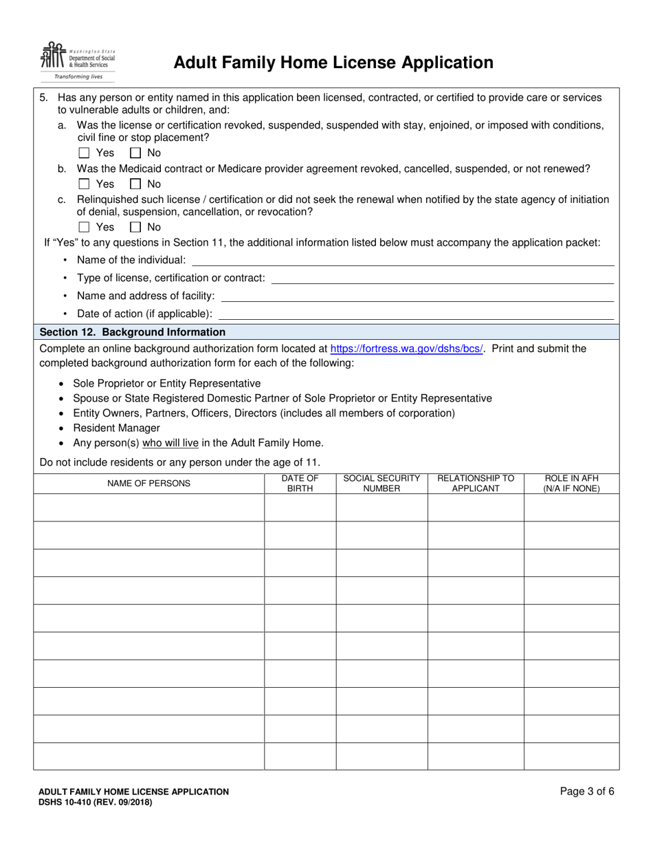 DSHS Form 10-410 Adult Family Home License Application - Washington, Page 3