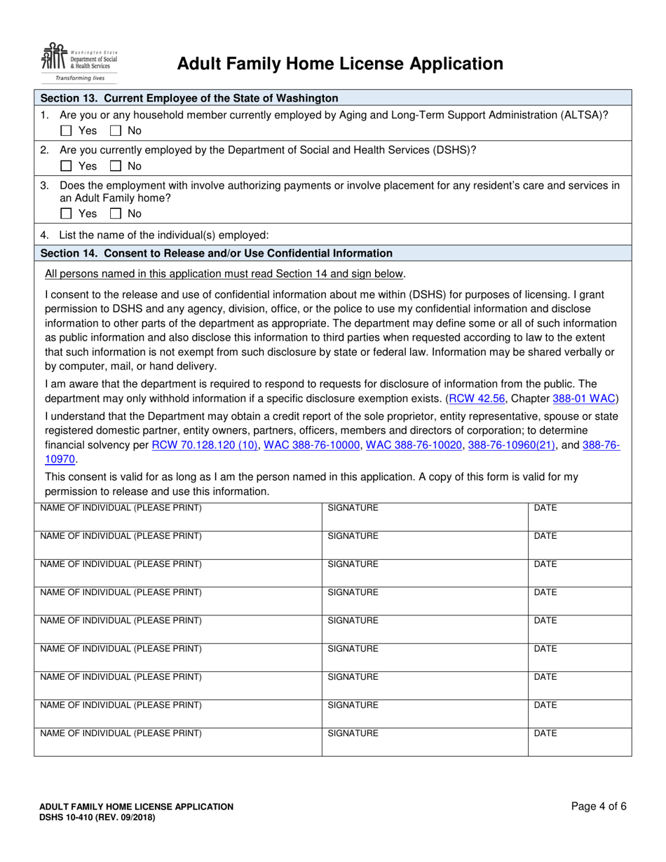 DSHS Form 10-410 Adult Family Home License Application - Washington, Page 4
