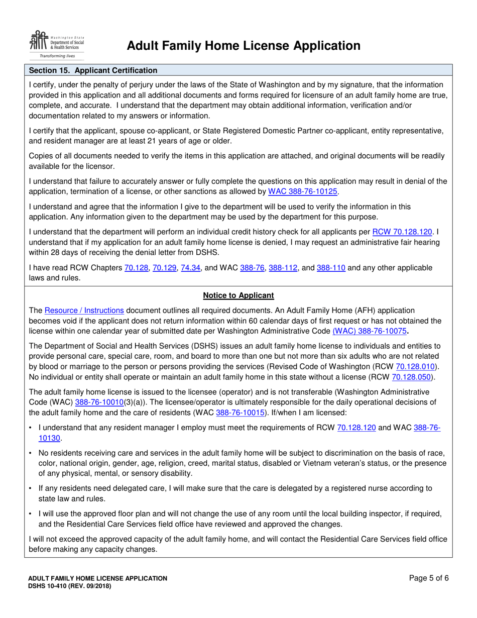 DSHS Form 10-410 Adult Family Home License Application - Washington, Page 5