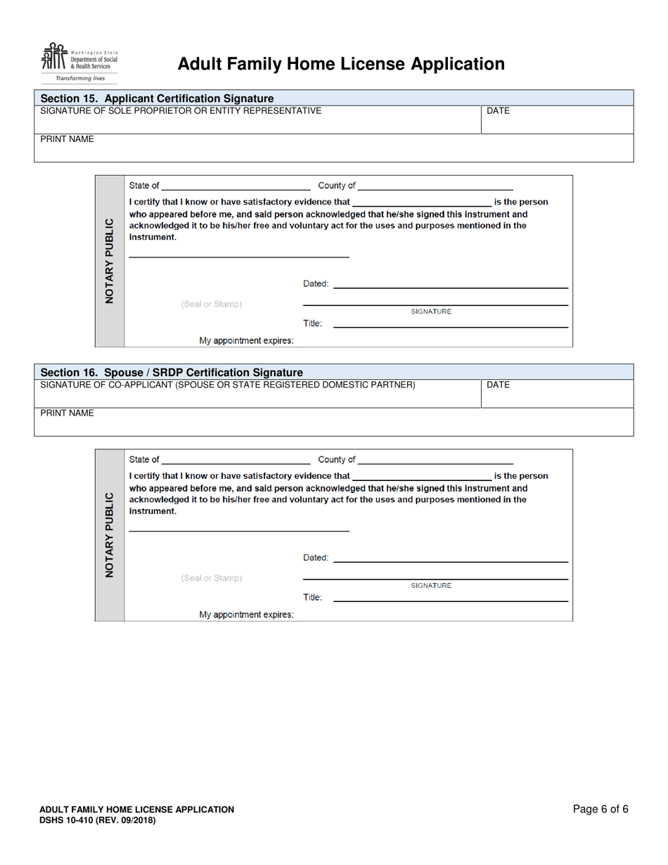 DSHS Form 10-410 Adult Family Home License Application - Washington, Page 6