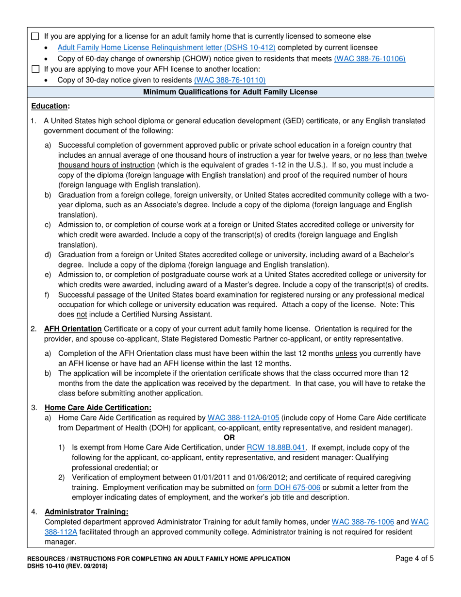 Instructions for DSHS Form 10-410 Adult Family Home License Application - Washington, Page 4
