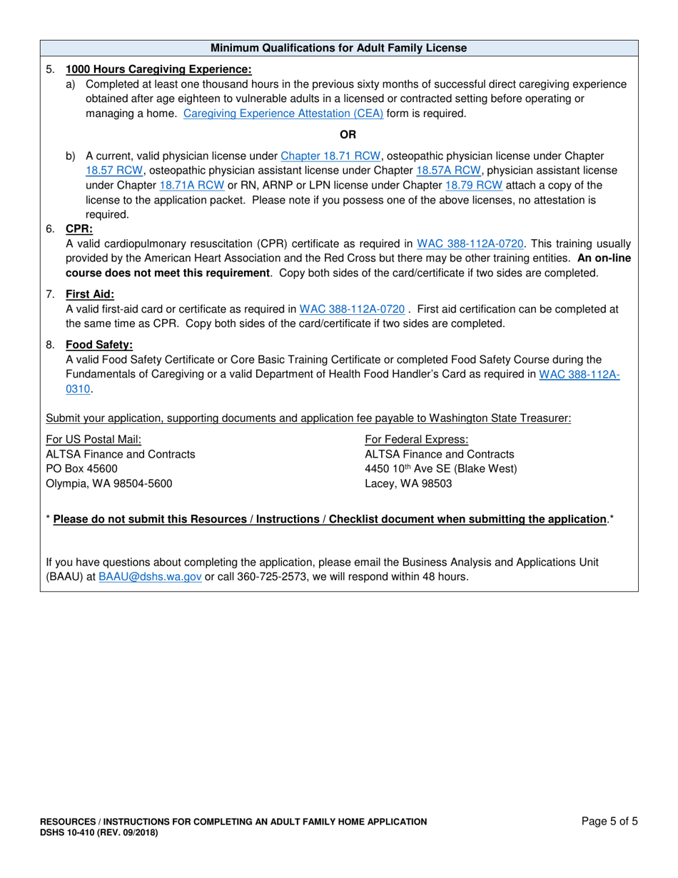 Instructions for DSHS Form 10-410 Adult Family Home License Application - Washington, Page 5