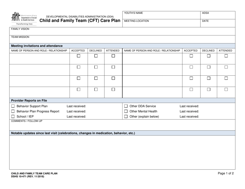 DSHS Form 10-471 Child and Family Team (Cft) Care Plan - Washington