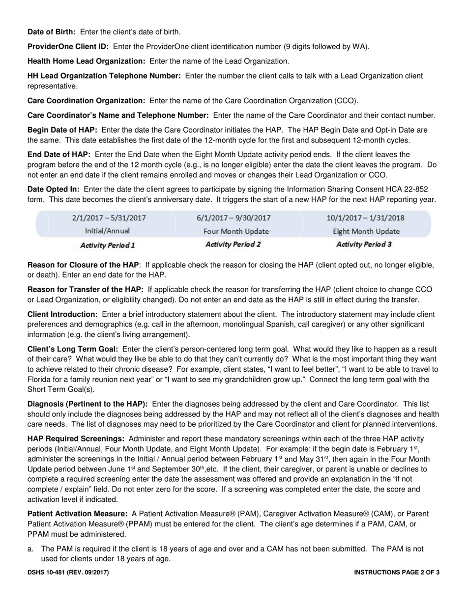 Instructions for DSHS Form 10-481 Health Action Plan (Hap) - Washington, Page 2