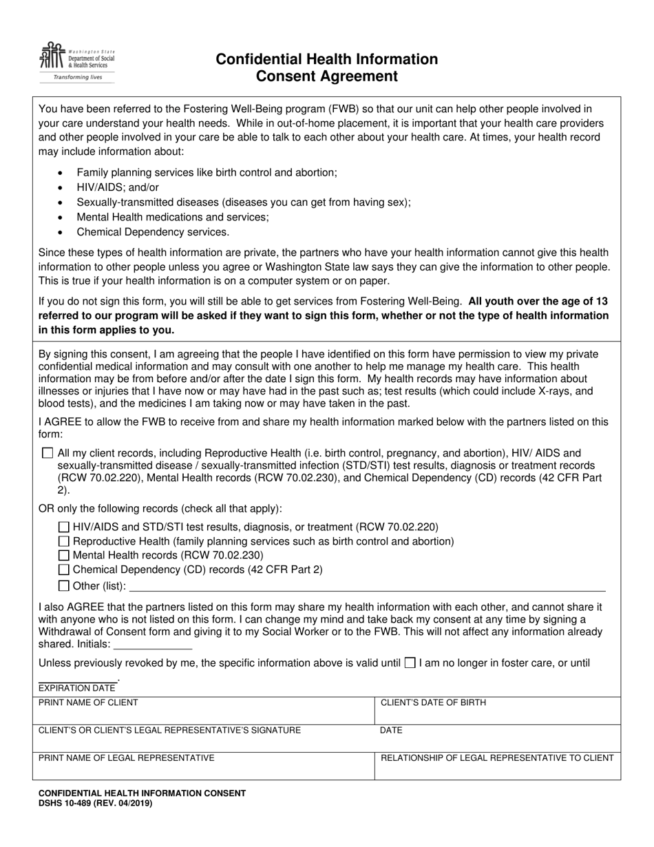 DSHS Form 10-489 Confidential Health Information Consent Agreement - Washington, Page 1