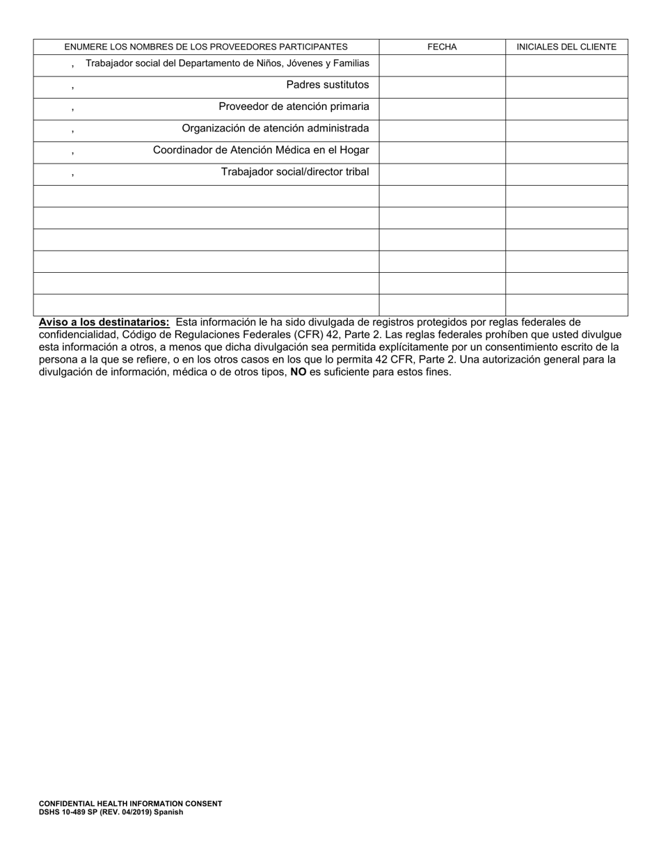 DSHS Formulario 10-489 Informacion Medica Confidencial Acuerdo De Consentimiento - Washington (Spanish), Page 2