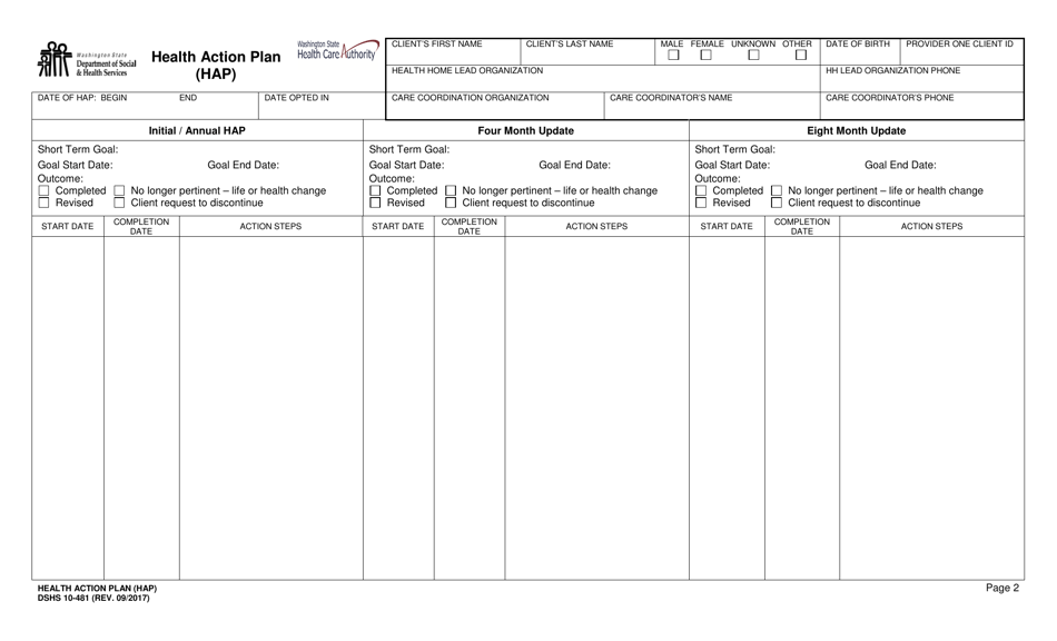 DSHS Form 10-481 Health Action Plan (Hap) - Washington, Page 2