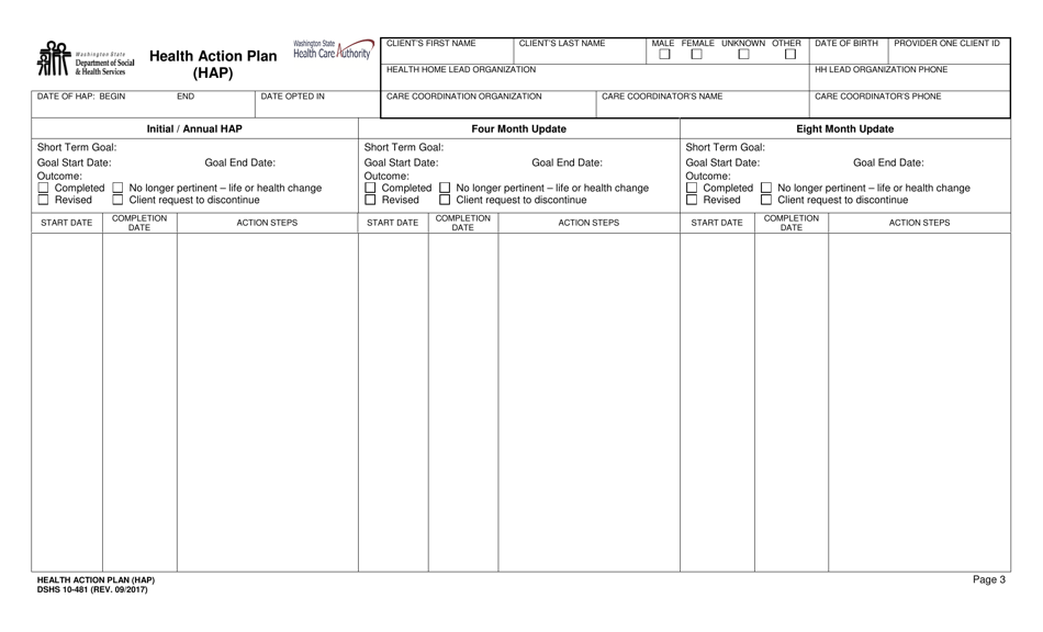 DSHS Form 10-481 Health Action Plan (Hap) - Washington, Page 3