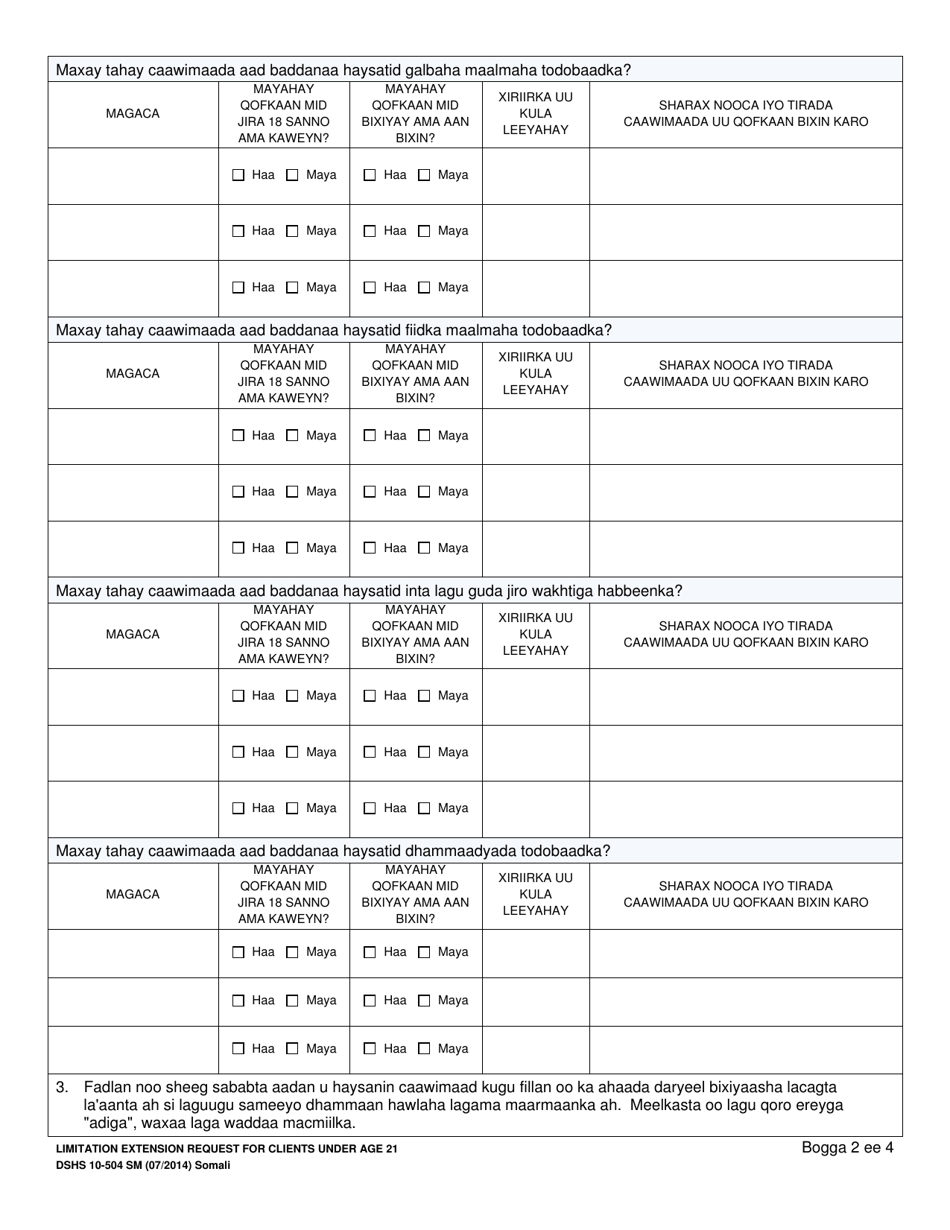 DSHS Form 10-504 Limitation Extension Request for Clients Under Age 21 - Washington (Somali), Page 2