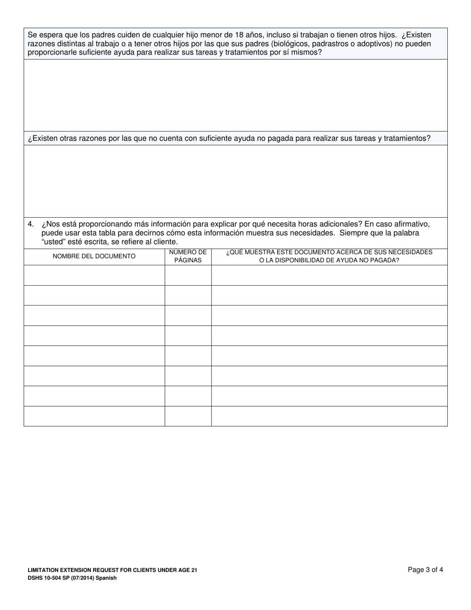 DSHS Formulario 10-504 Solicitud De Extension De Limitacion Para Clientes Menores De 21 Anos - Washington (Spanish), Page 3
