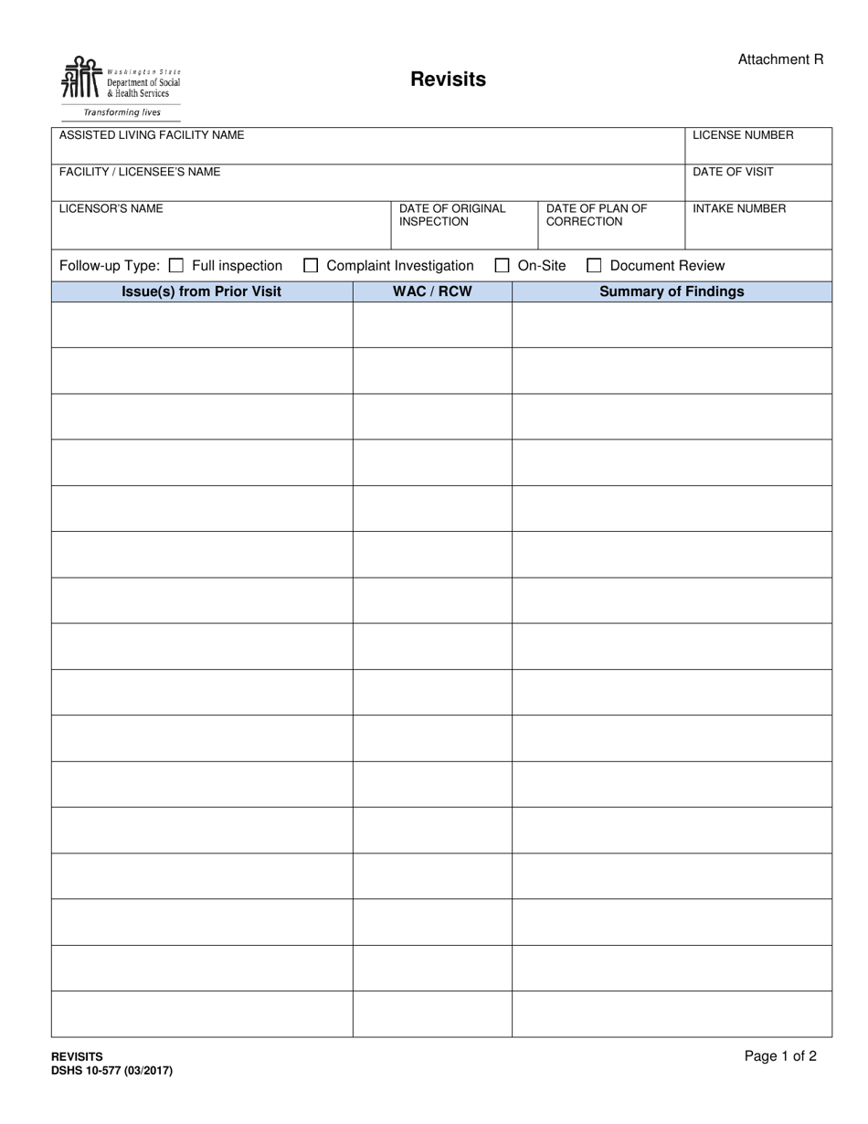 DSHS Form 10-557 Attachment R Revisits - Washington, Page 1