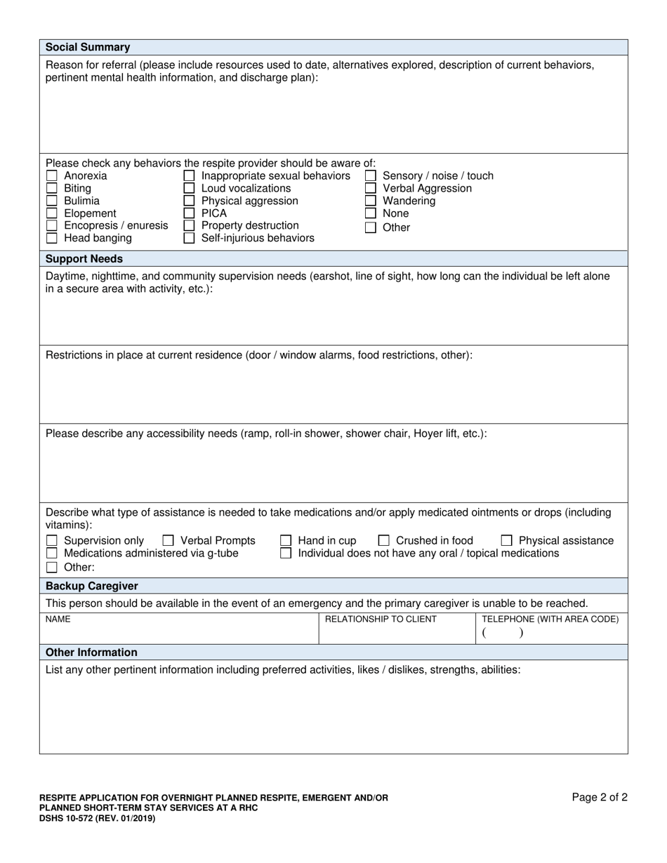DSHS Form 10-572 Respite Application for Overnight Planned Respite (Oprs), Emergent and / or Planned Short-Term Stay Services at an Rhc - Washington, Page 2