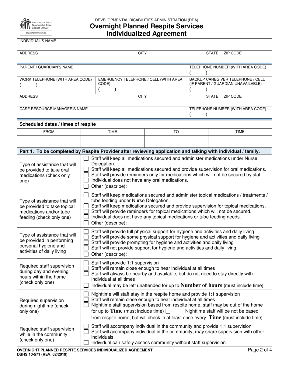 DSHS Form 10-571 Overnight Planned Respite Services Individualized Agreement - Washington, Page 2