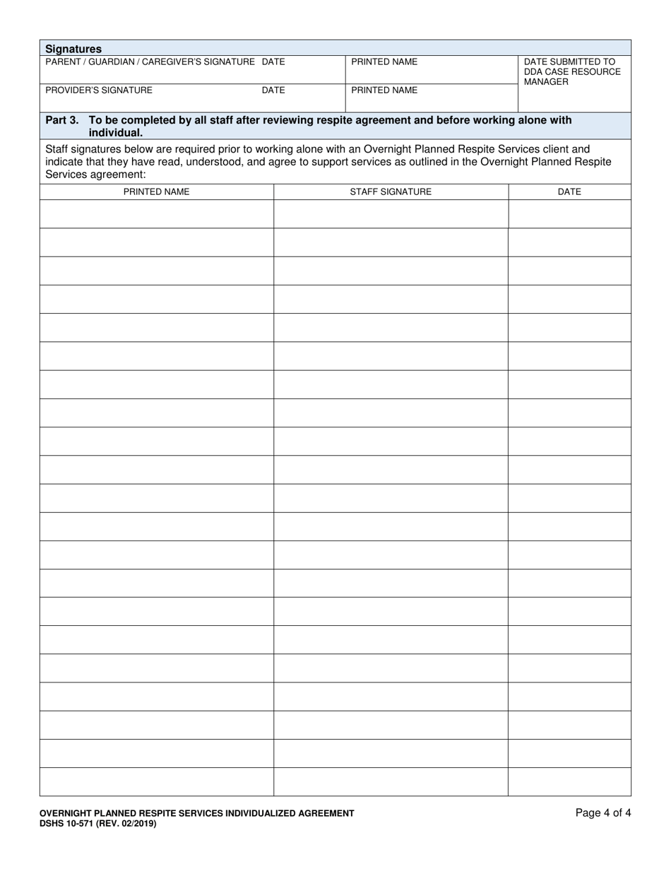 DSHS Form 10-571 Overnight Planned Respite Services Individualized Agreement - Washington, Page 4