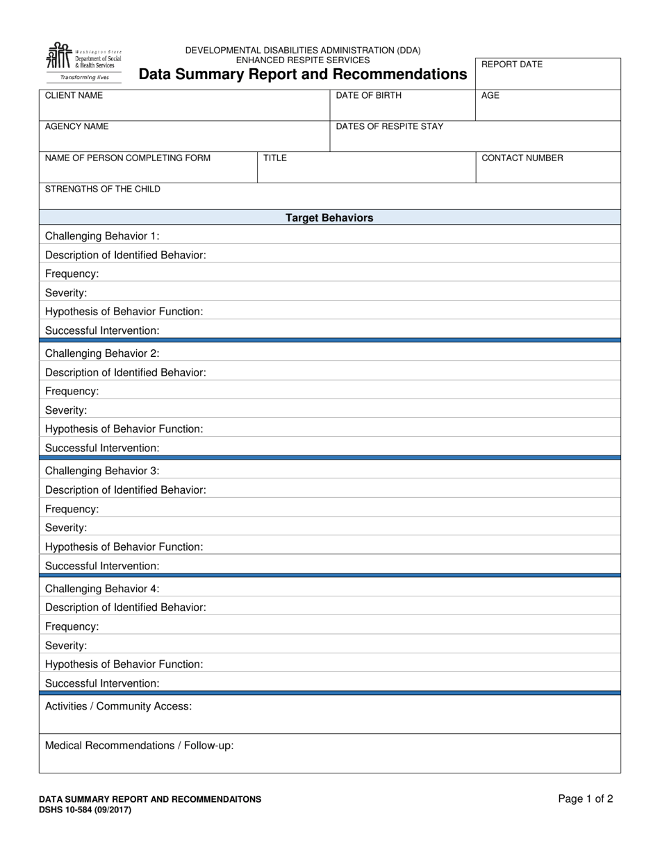 DSHS Form 10-584 Data Summary Report and Recommendations - Washington, Page 1