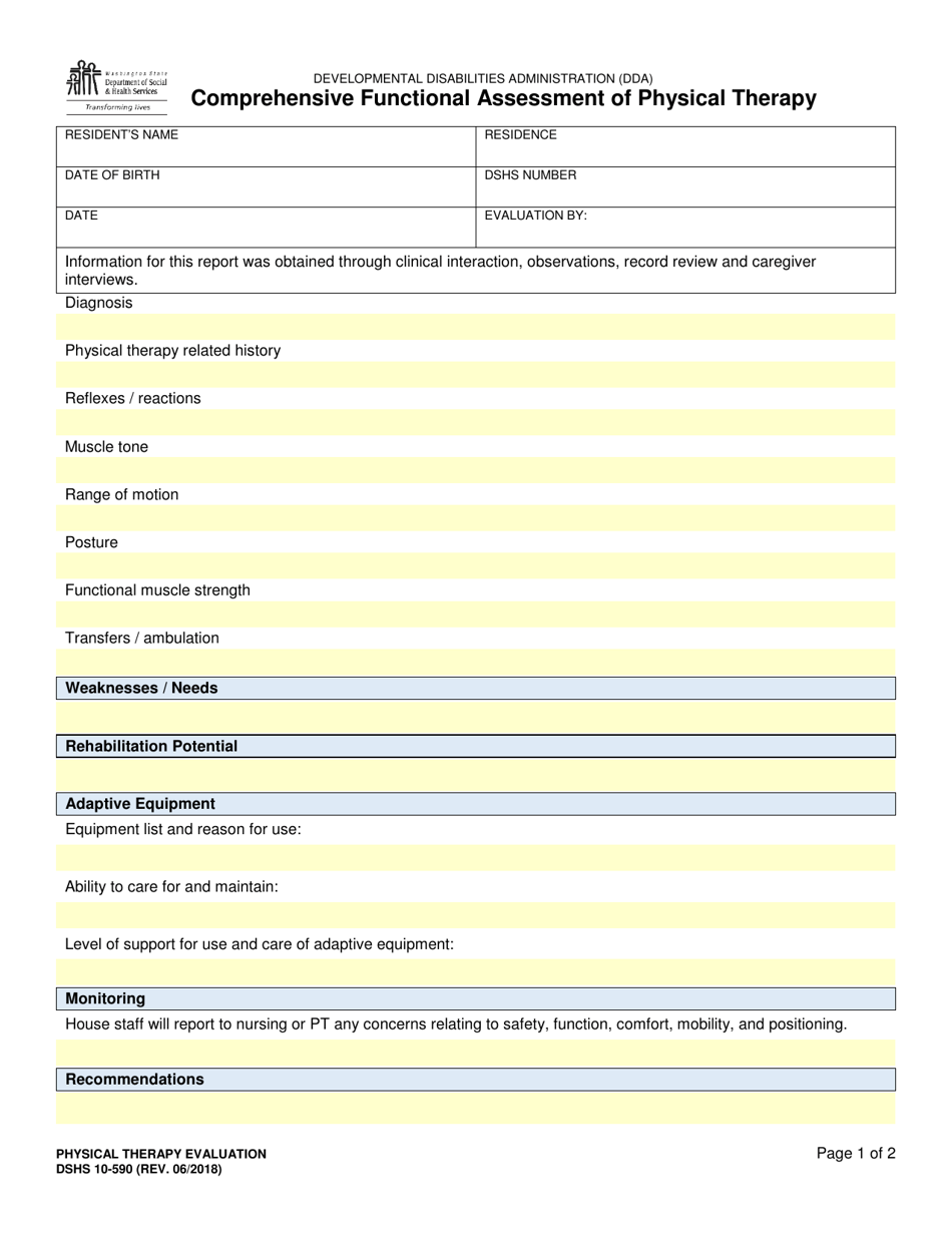 DSHS Form 10-590 Comprehensive Functional Assessment of Physical Therapy - Washington, Page 1