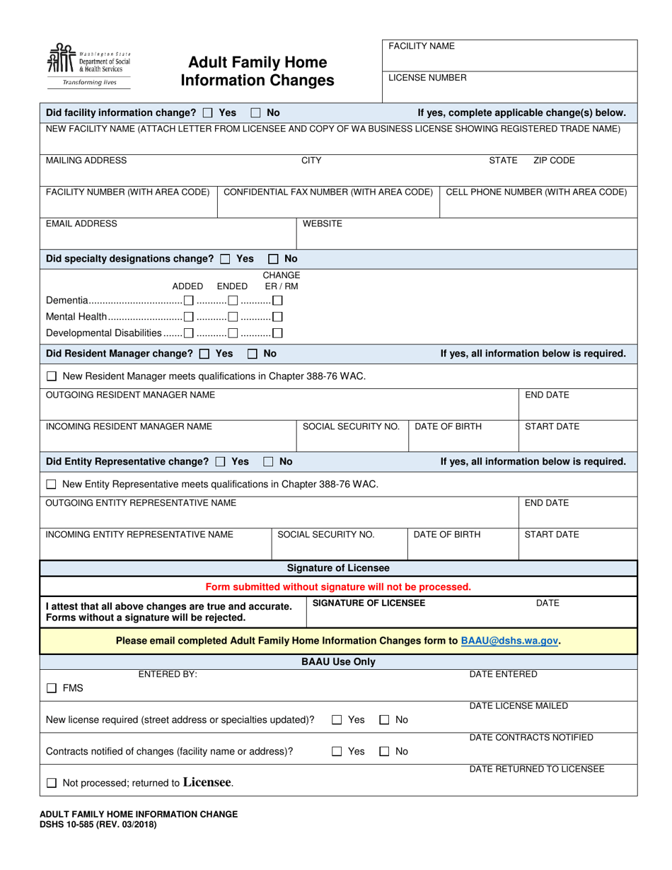 DSHS Form 10-585 Adult Family Home Information Changes - Washington, Page 1