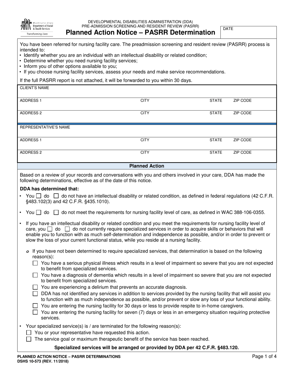 DSHS Form 10-573 Planned Action Notice - Pre-admission Screening and Resident Review (Pasrr) Determination - Washington, Page 1