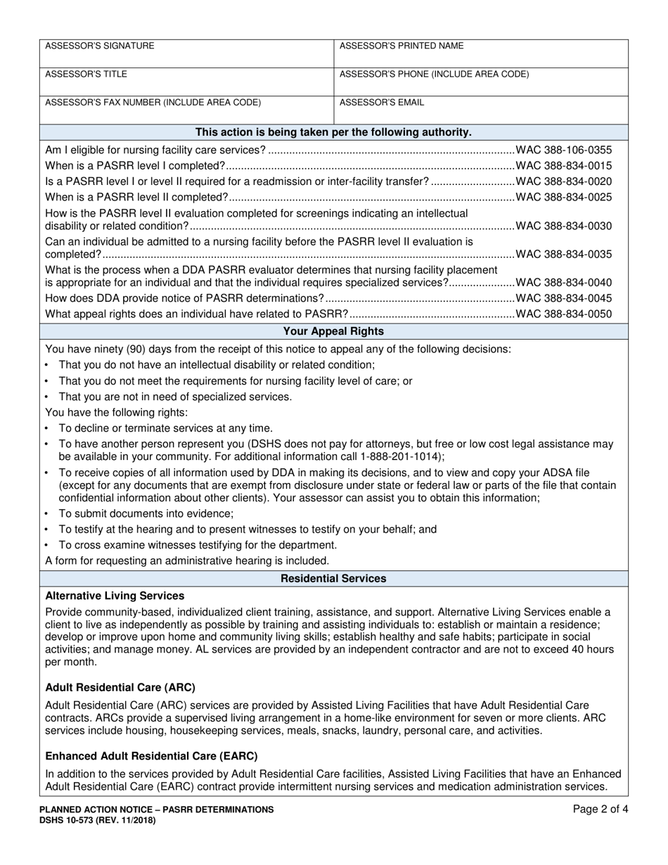 DSHS Form 10-573 Planned Action Notice - Pre-admission Screening and Resident Review (Pasrr) Determination - Washington, Page 2