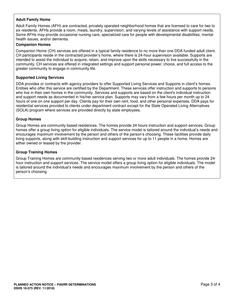 DSHS Form 10-573 Planned Action Notice - Pre-admission Screening and Resident Review (Pasrr) Determination - Washington, Page 3