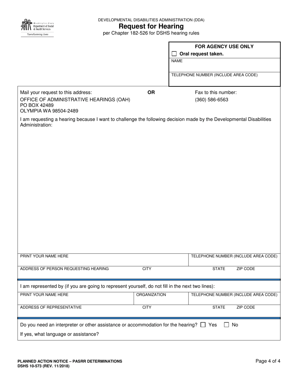 DSHS Form 10-573 Planned Action Notice - Pre-admission Screening and Resident Review (Pasrr) Determination - Washington, Page 4