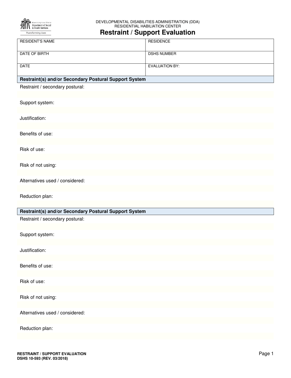 DSHS Form 10-593 Restraint / Support Evaluation - Washington, Page 1