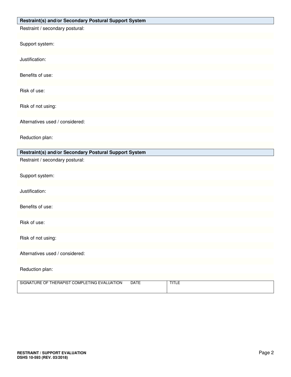 DSHS Form 10-593 Restraint / Support Evaluation - Washington, Page 2