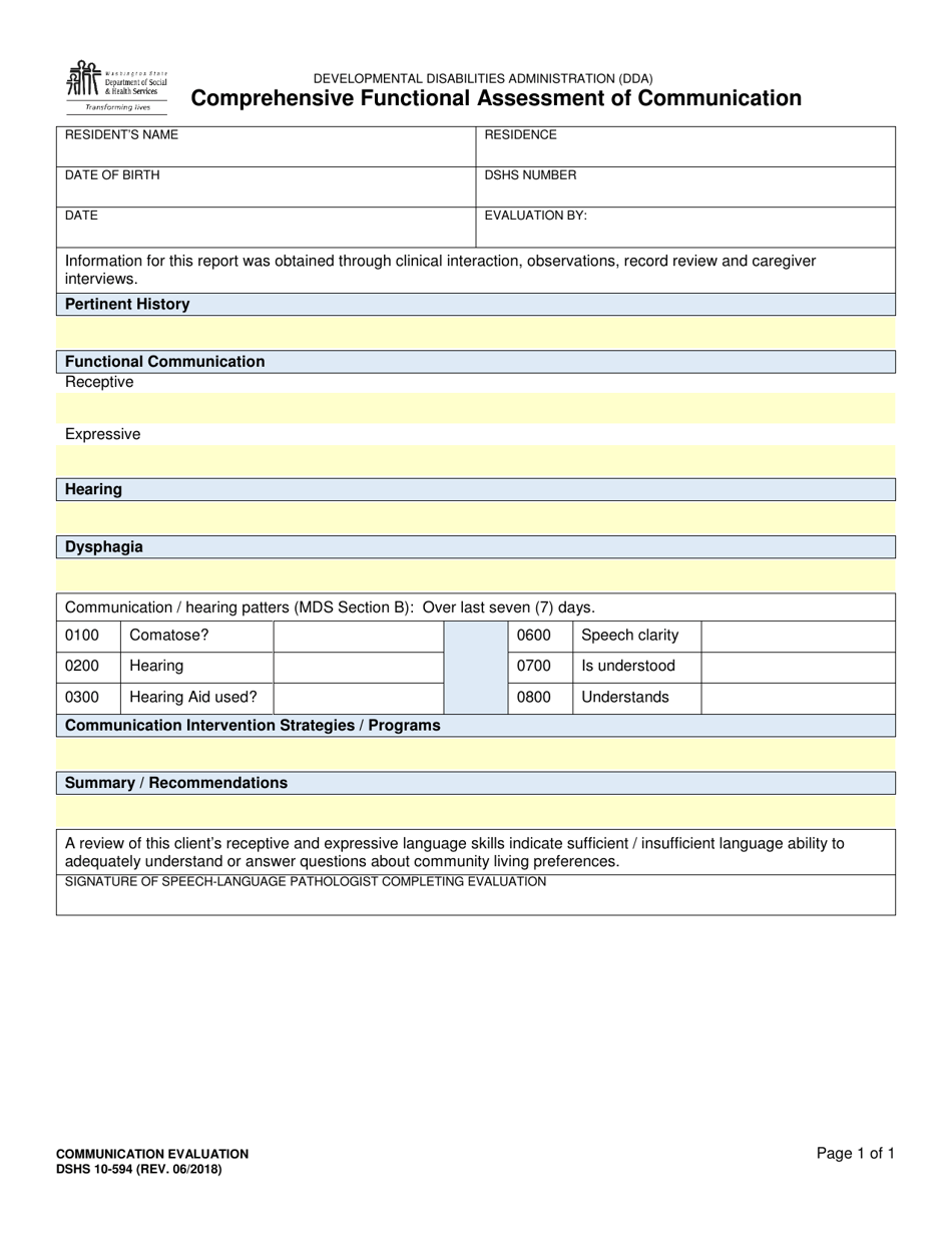 DSHS Form 10-594 Comprehensive Functional Assessment of Communication - Washington, Page 1
