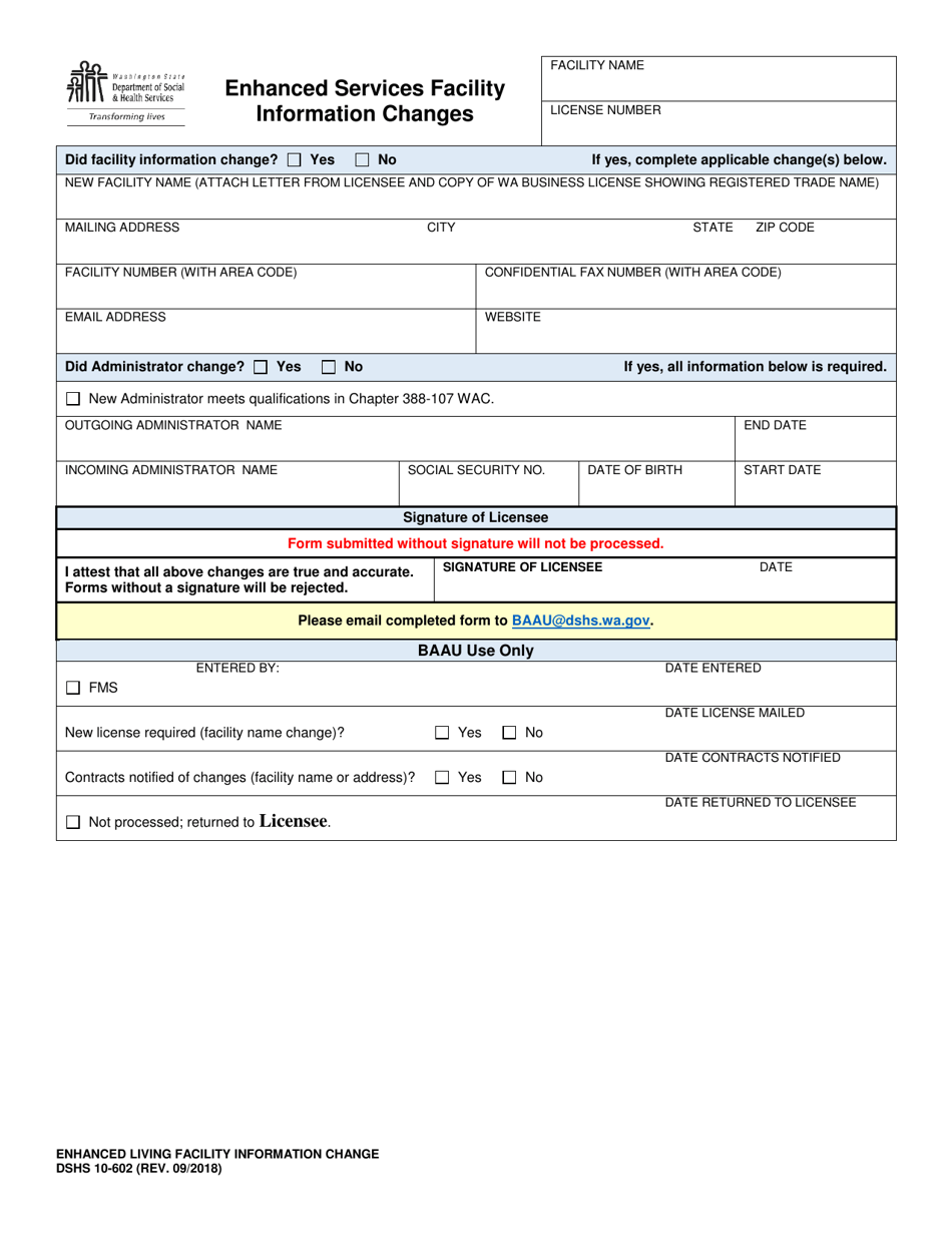 DSHS Form 10-602 Enhanced Services Facility Information Changes - Washington, Page 1