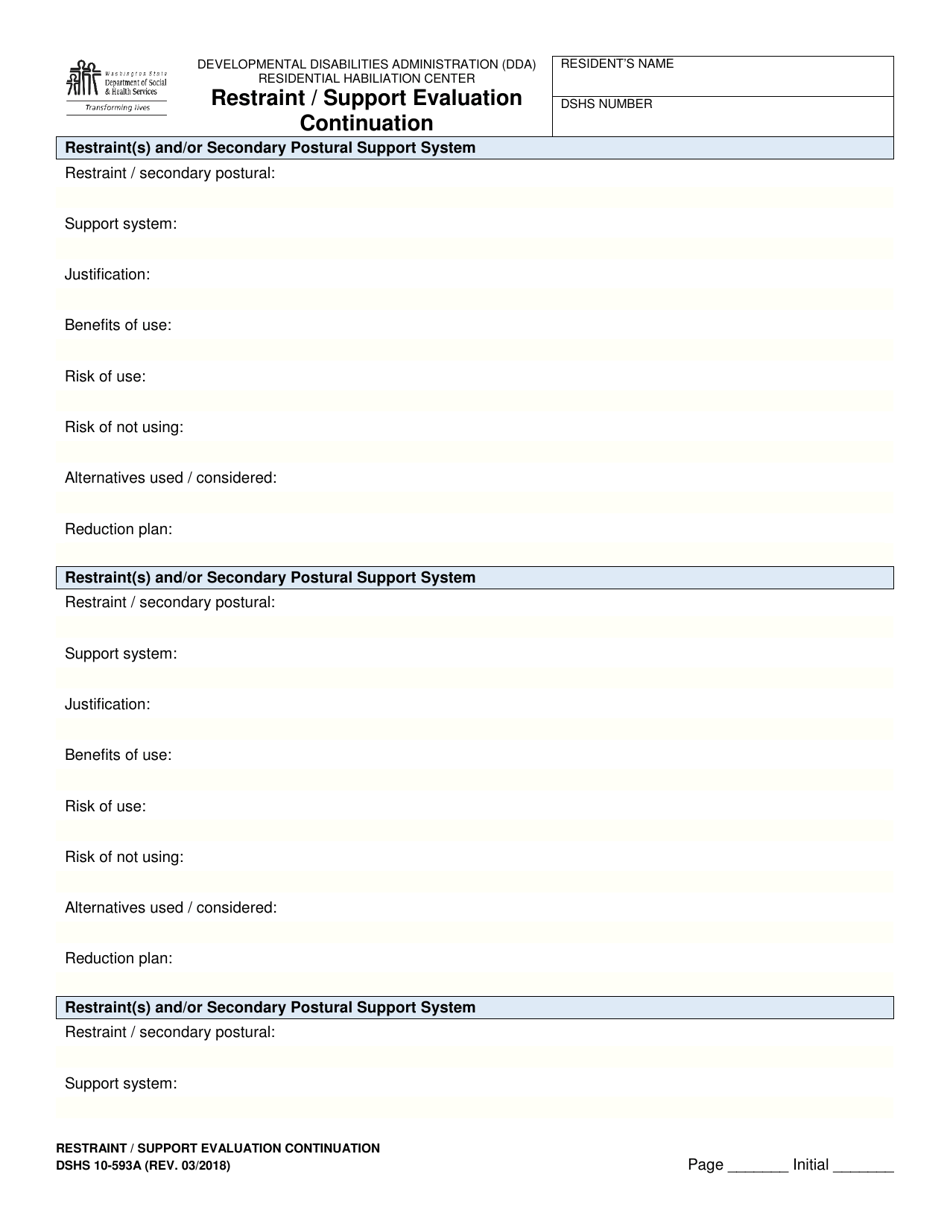 DSHS Form 10-593A Restraint / Support Evaluation Continuation - Washington, Page 1