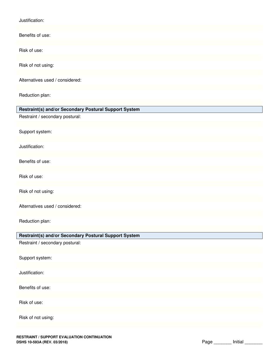 DSHS Form 10-593A Restraint / Support Evaluation Continuation - Washington, Page 2
