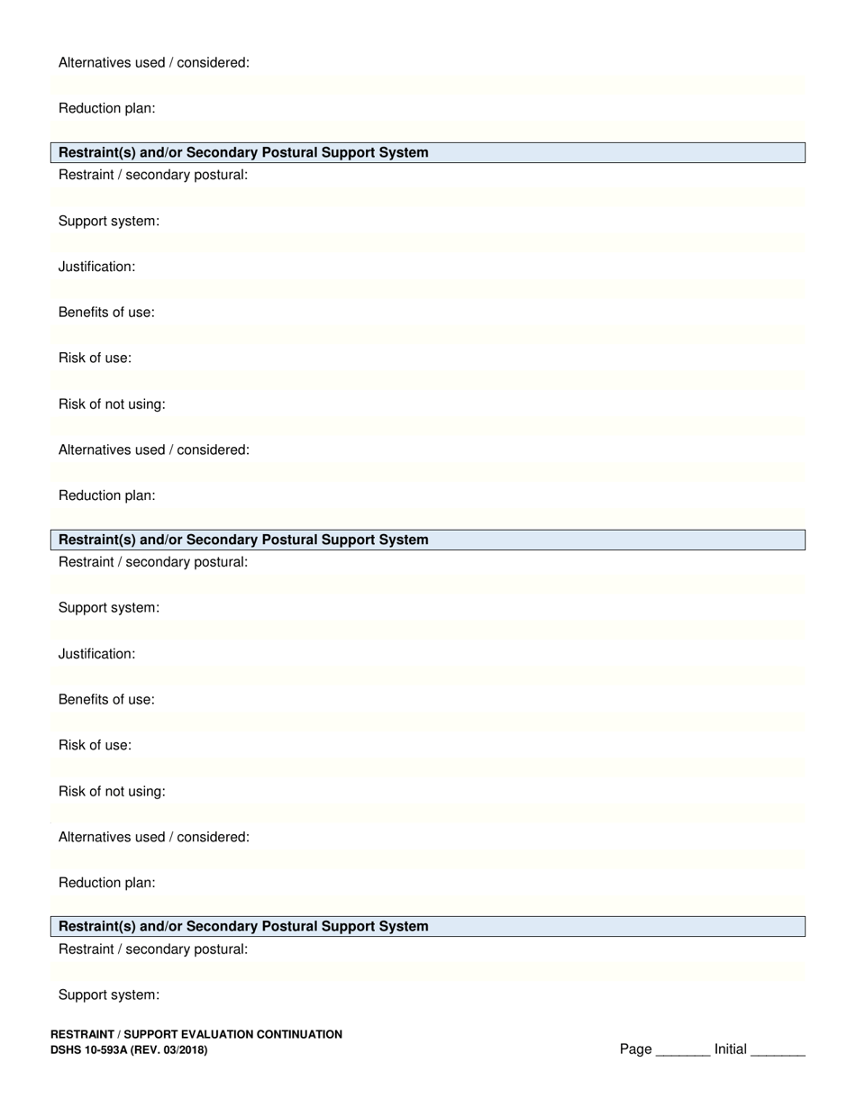 DSHS Form 10-593A Restraint / Support Evaluation Continuation - Washington, Page 3
