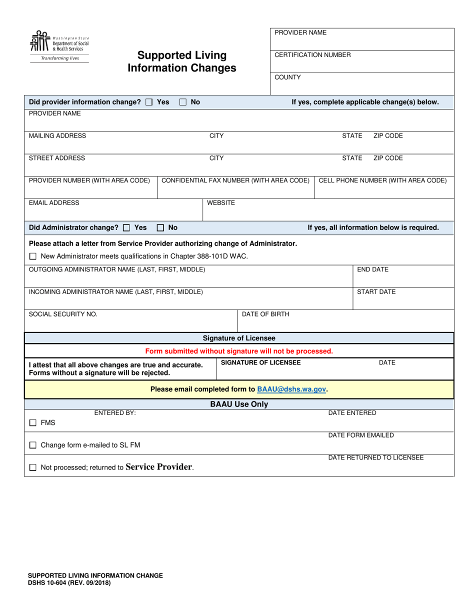 DSHS Form 10-604 Supported Living Information Changes (Residential Care Services) - Washington, Page 1