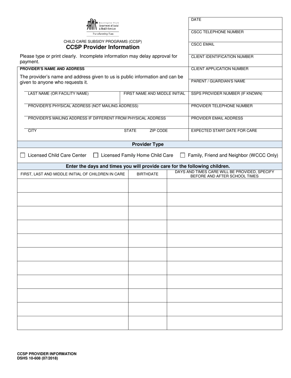 DSHS Form 10-608 Ccsp Provider Information - Child Care Subsidy Programs - Washington, Page 1