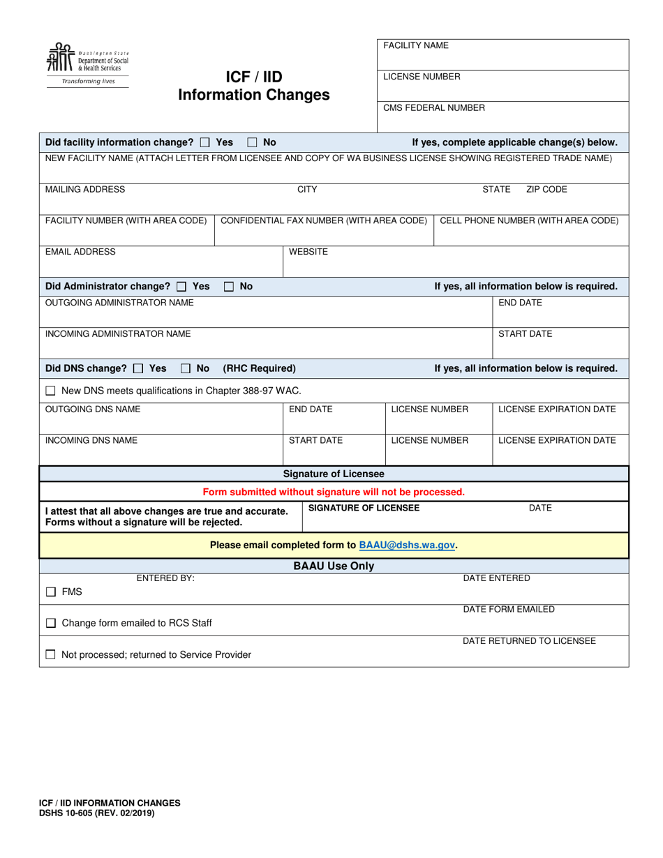 DSHS Form 10-605 Icf / Iid Information Changes (Residential Care Services) - Washington, Page 1