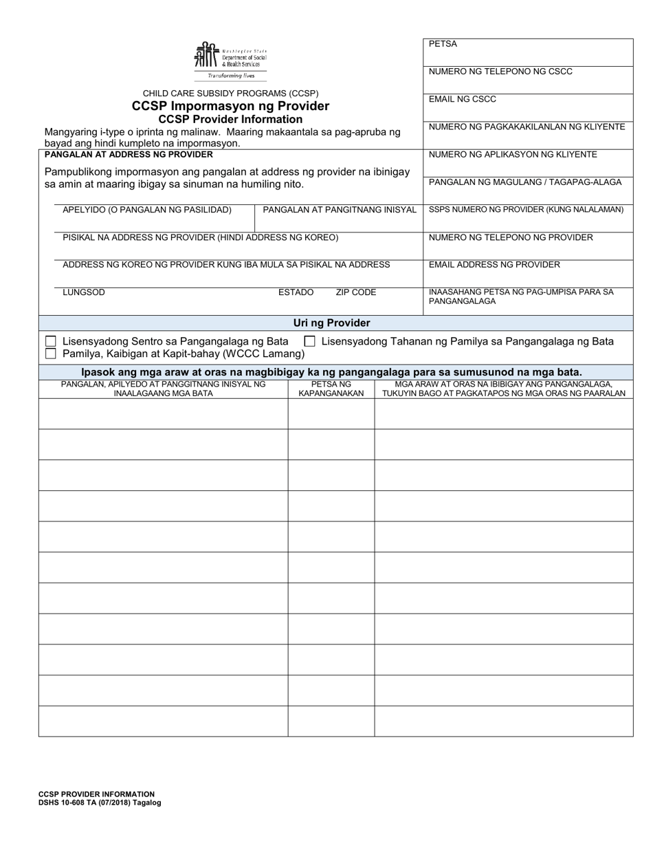 DSHS Form 10-608 Ccsp Provider Information (Child Care Subsidy Program) - Washington (Tagalog), Page 1